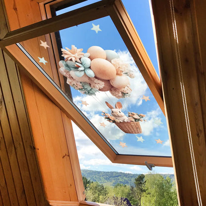 Hot Air Balloon Window Sticker | Cartoon Rabbit | Static Cling Glass & Door Decor