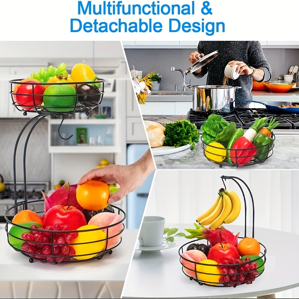 2-Tier Oval Fruit Basket with Banana Stand – Metal Kitchen Storage