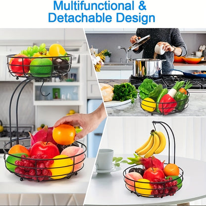 2-Tier Oval Fruit Basket with Banana Stand – Metal Kitchen Storage