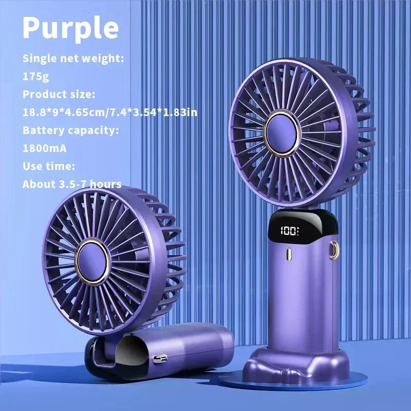 Compact Fan with 5 Speed Settings | 3000 mAh Rechargeable Battery | Foldable Design with LED Display