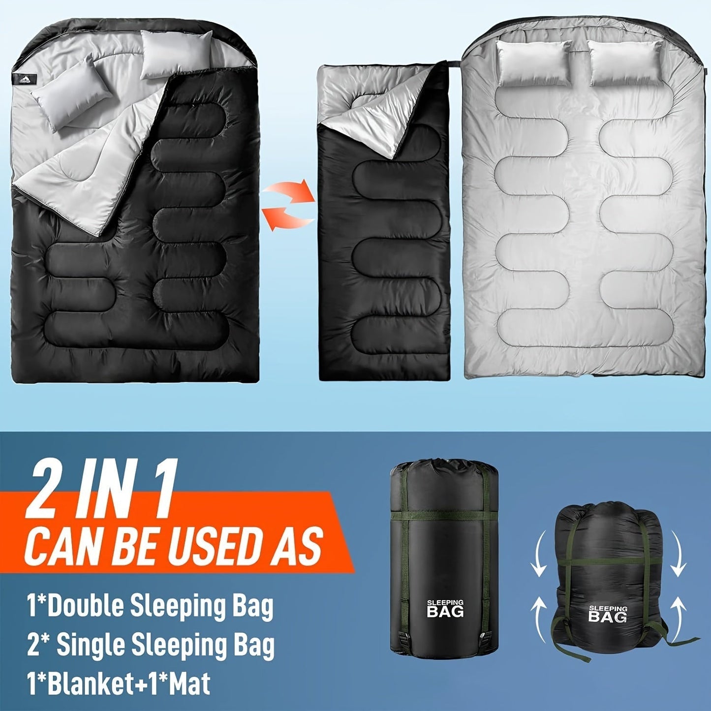 2-in-1 Camping Sleeping Bag with Integrated Pillow – Warm & Versatile
