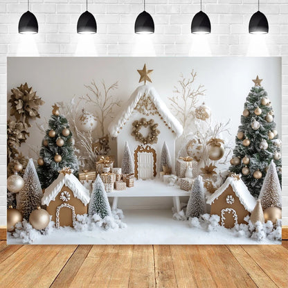 Christmas Photo Backdrop - Miniature House and Tree for Family & Kids Portraits - Vinyl/Polyester/Fleece - 300×200 cm