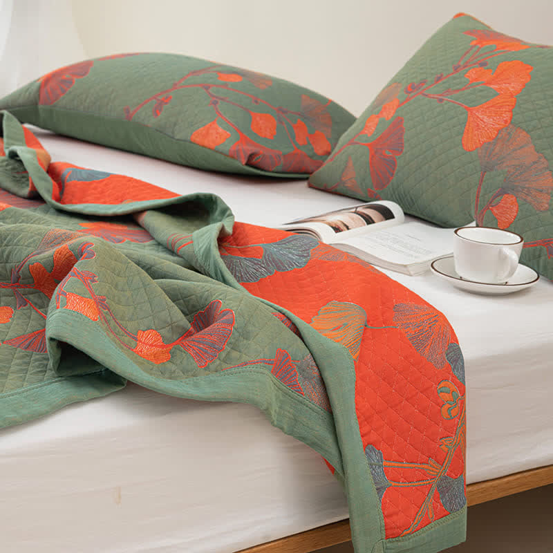 Reversible Cotton Blanket with Orange Ginkgo Leaf Design