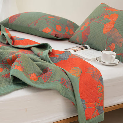 Reversible Cotton Blanket with Orange Ginkgo Leaf Design