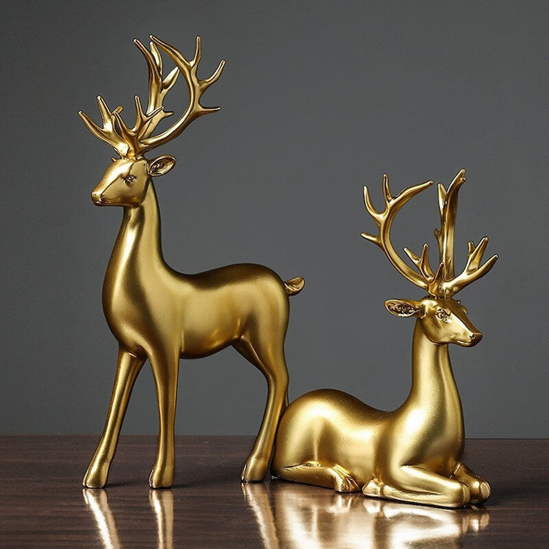 Elegant Pair of Golden Deer Statues for Home Décor