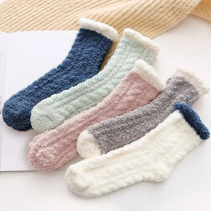 5 Pairs of Women's Winter Cozy Socks | Thick Coral Fleece | Mid-High, Warm & Soft Solid Color House Socks