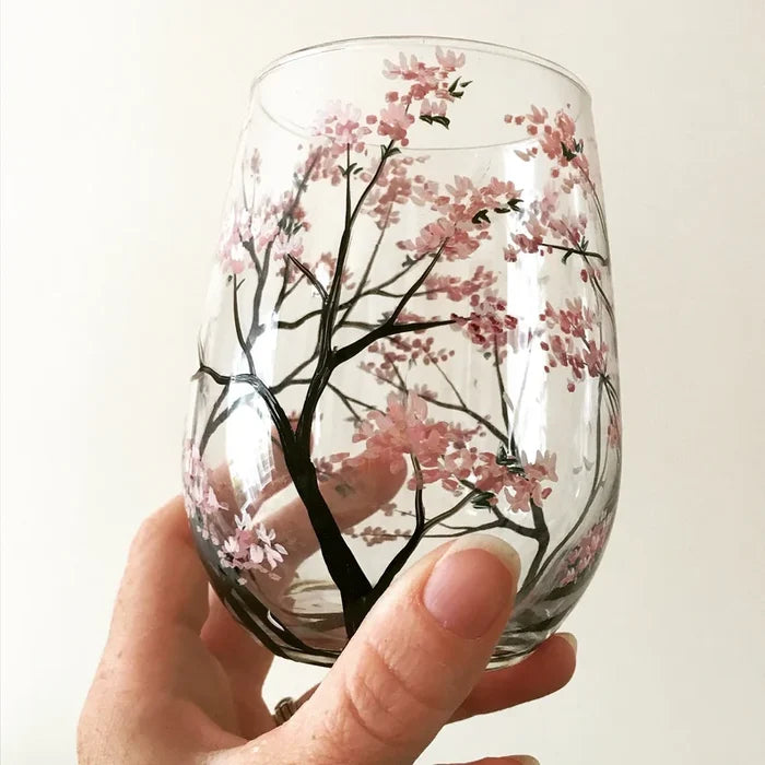 Hand-Painted Art Wine Glasses - Four Seasons Tree Design