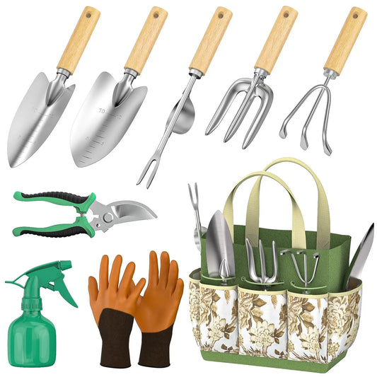 9-Piece Garden Tool Set | Stainless Steel Blades | Wooden Handles | Includes Storage Bag