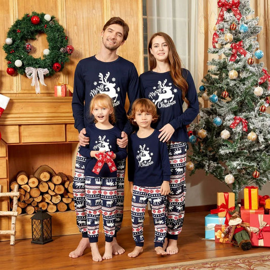 Matching Family Christmas Pajamas with Blue Reindeer Pattern