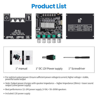High-Power 2.1 Channel Bluetooth Audio Amplifier