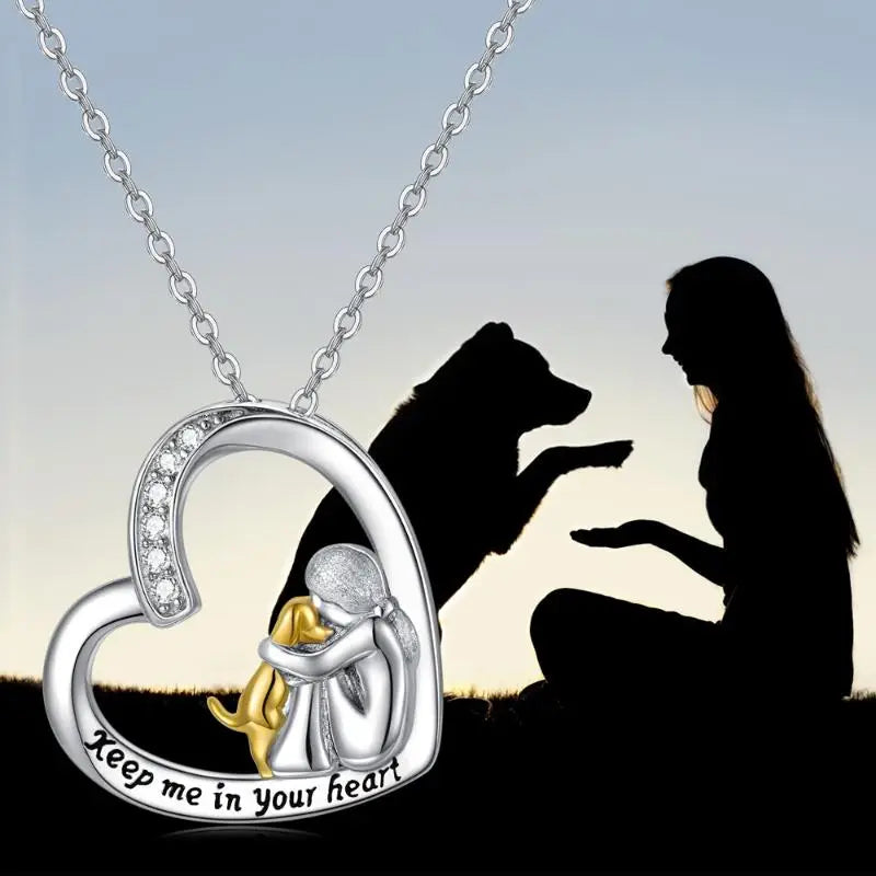 Silver Necklace with Heart, Dog, and Zirconia Gemstone