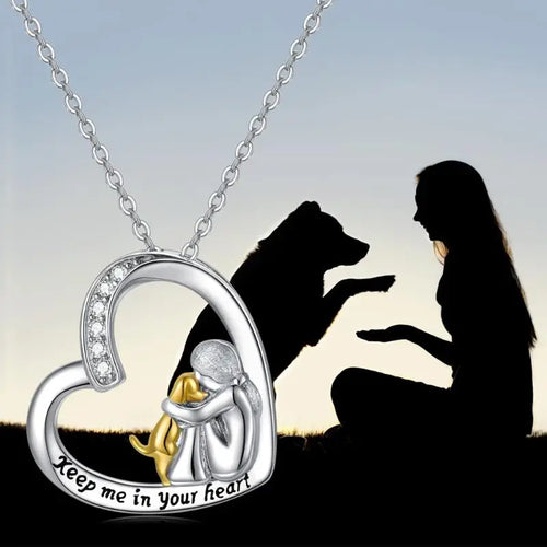 Silver Necklace with Heart, Dog, and Zirconia Gemstone