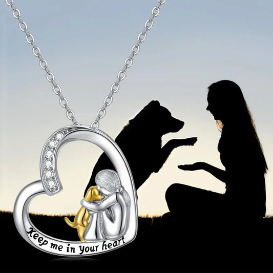 Silver Necklace with Heart, Dog, and Zirconia Gemstone