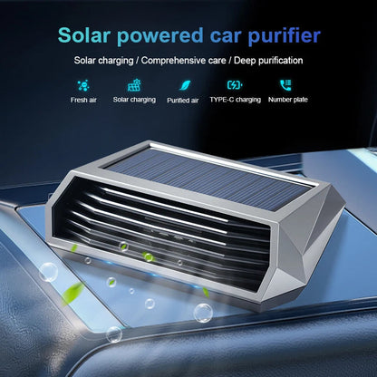 Solar-Powered Car Air Purifier | Negative Ion Generator with Vibration Sensor | USB Charging and Odor Neutralizer