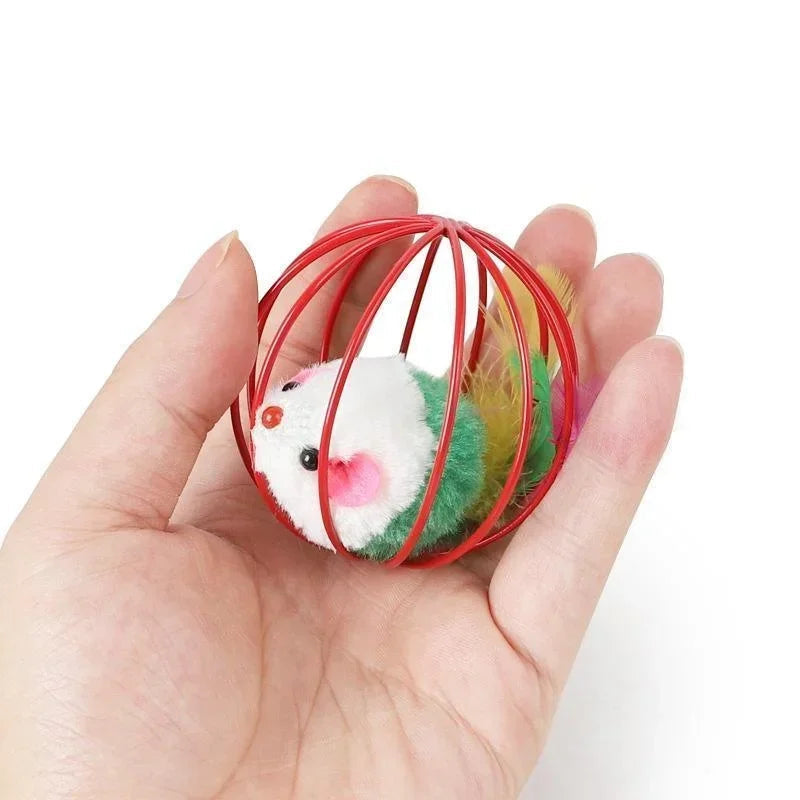 Cat Play Ball with Plush Mouse in Cage | Fun Toy for Energetic Indoor Cats | Random Color Ø 6 cm