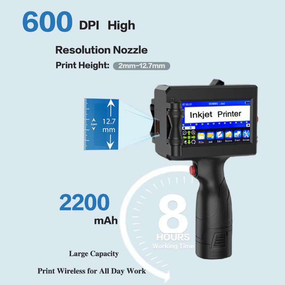 Portable Handheld Inkjet Coder Printer 600 DPI