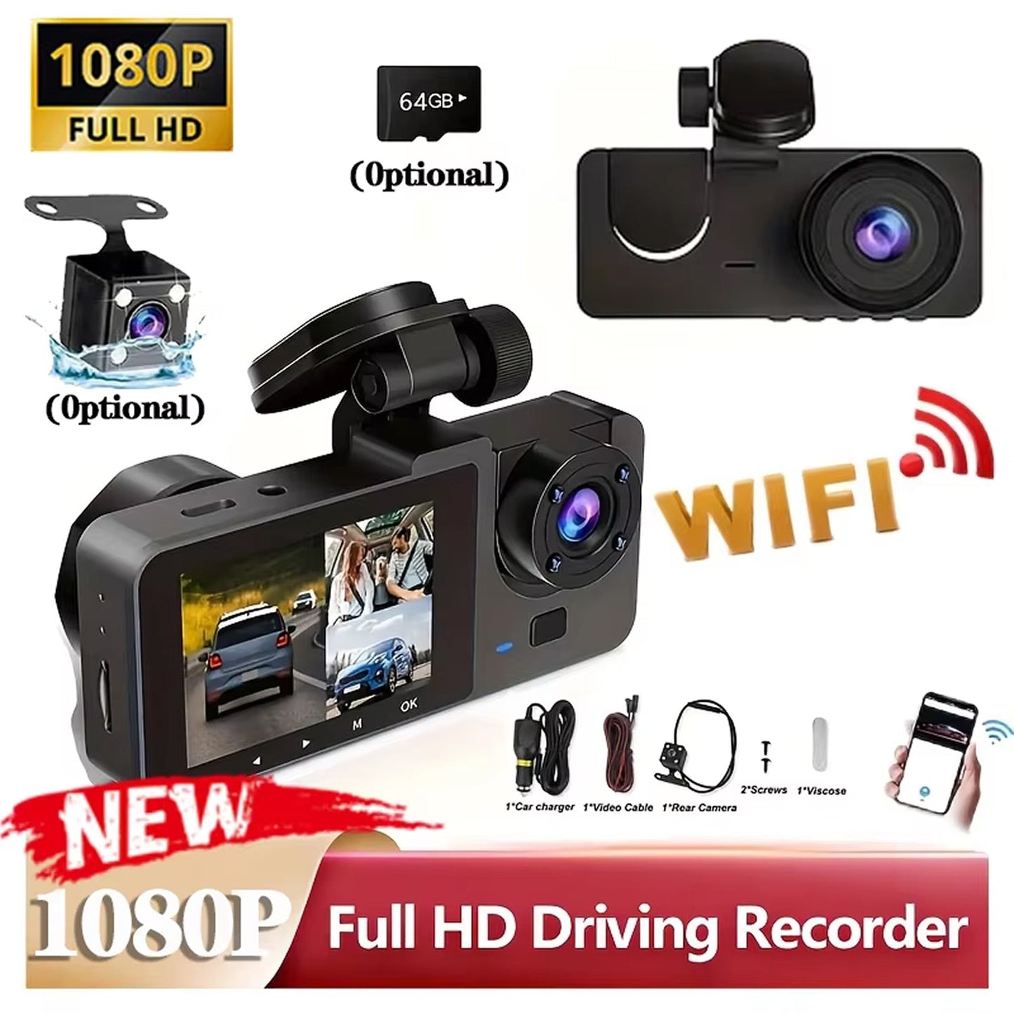 Triple-Channel Dash Camera with Night Vision and WiFi Connectivity