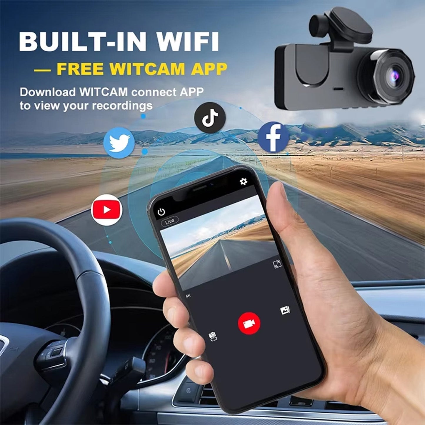 Triple-Channel Dash Camera with Night Vision and WiFi Connectivity