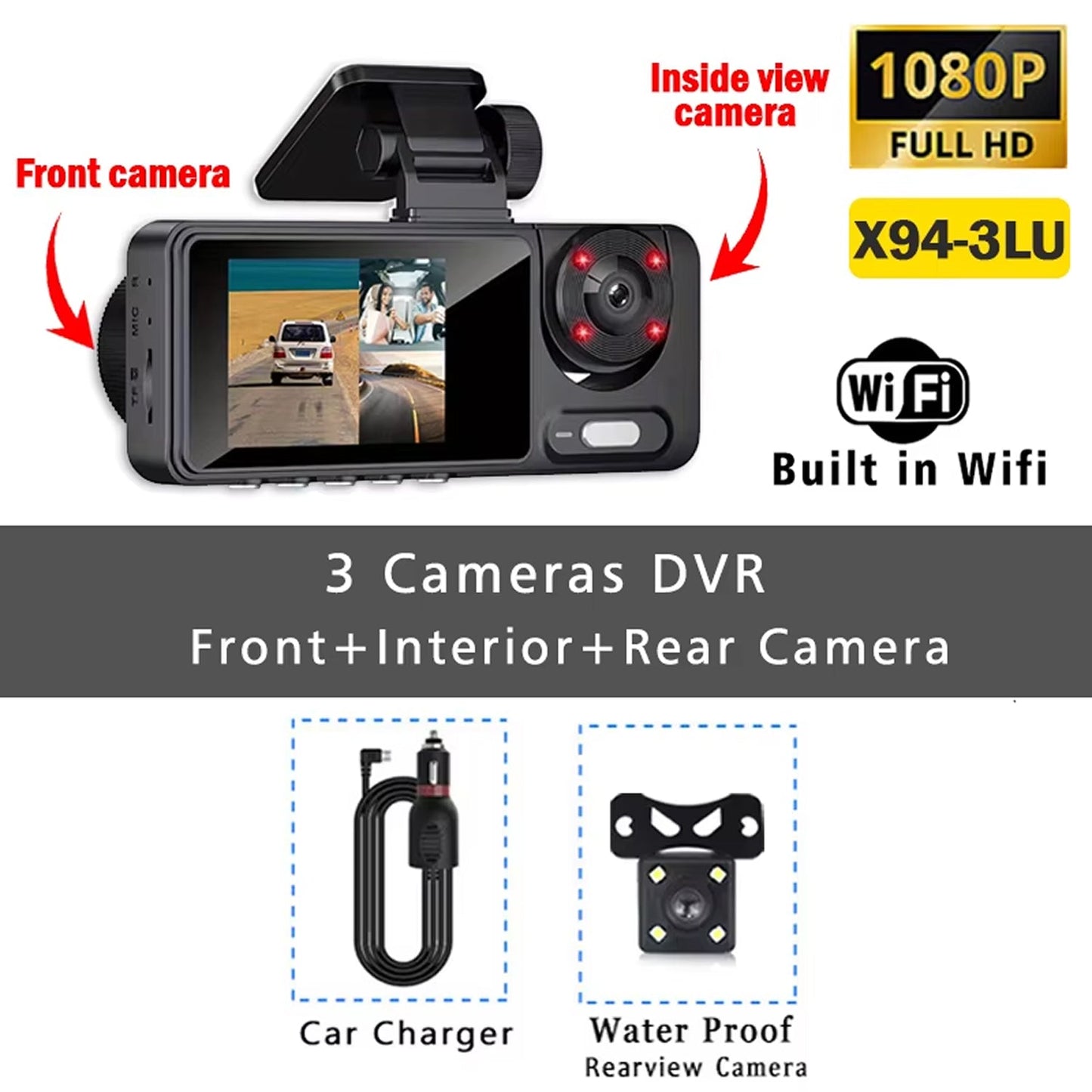 Triple-Channel Dash Camera with Night Vision and WiFi Connectivity