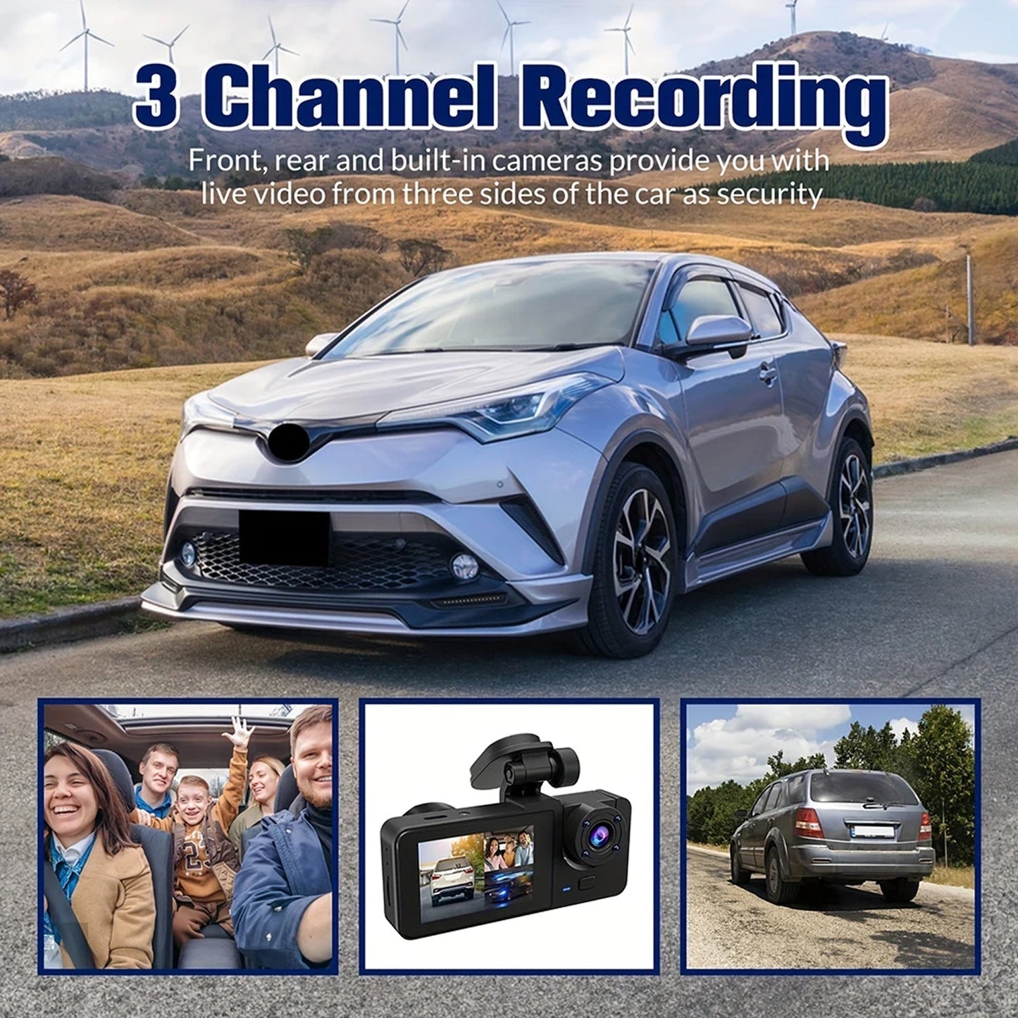 Triple-Channel Dash Camera with Night Vision and WiFi Connectivity