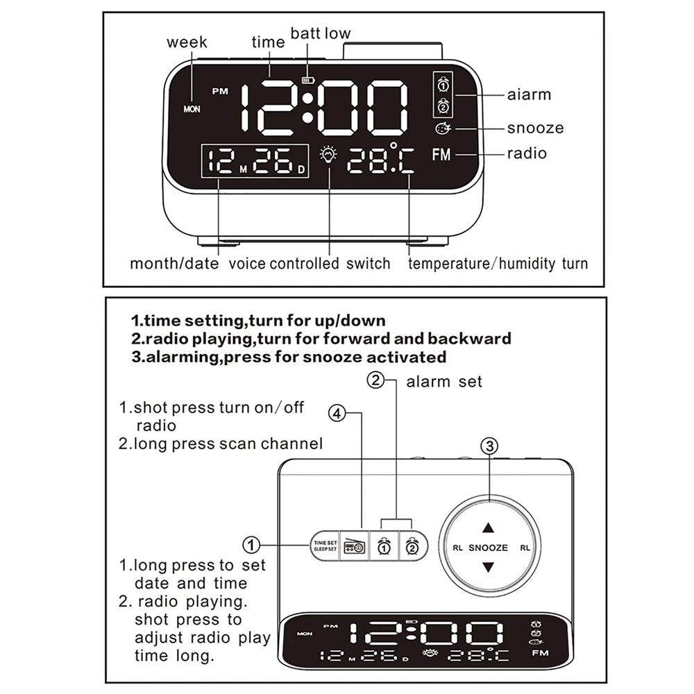 Dual Alarm Clock Radio Featuring USB Charging and Calendar Display