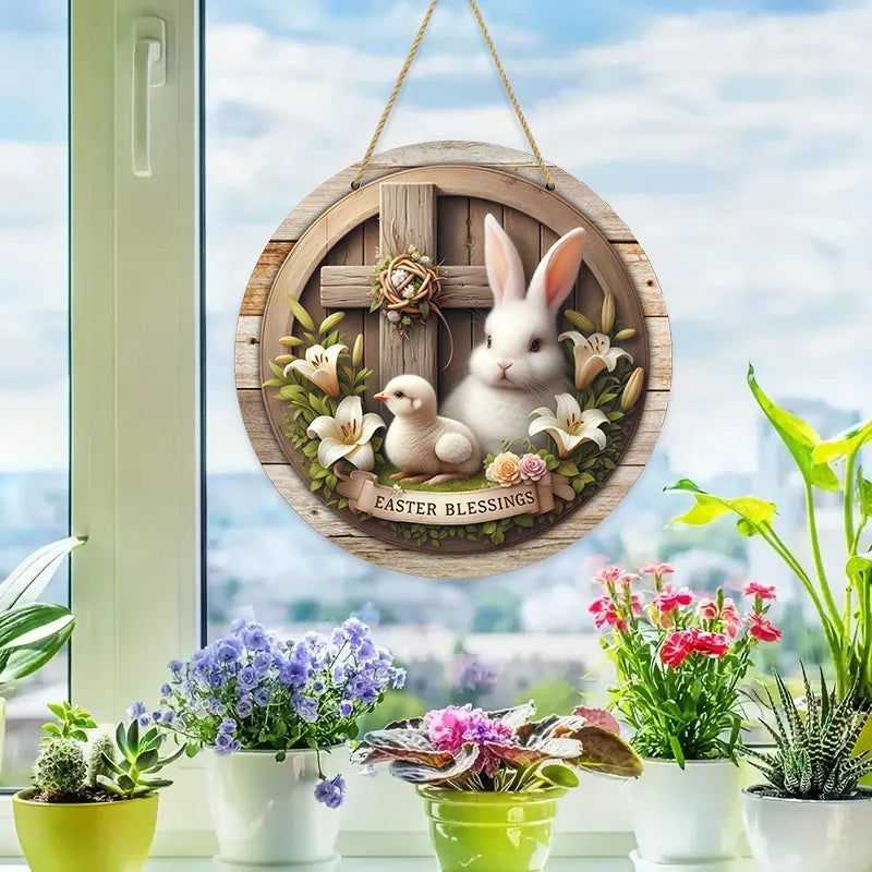 Spring Wooden Door Decoration - Rustic Bunny Wall Sign