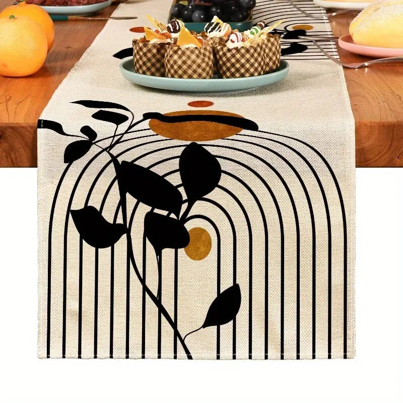 Boho Style Table Runner with Linen Look & Plant Pattern | 13×72 in