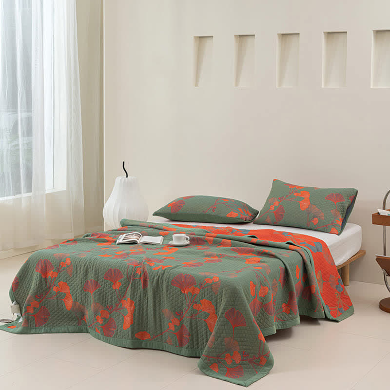 Reversible Cotton Blanket with Orange Ginkgo Leaf Design