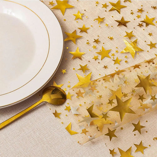 Shiny Table Runner with Metallic Star Pattern in Gold, Rose Gold, or Silver - Ideal for Parties & Table Decor