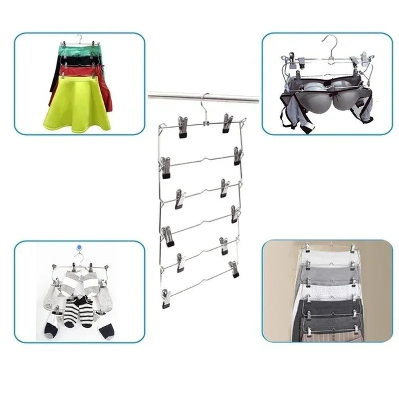 Stainless Steel Pants Hanger with 6 Levels | Multi-Layer Skirt & Pant Organizer | Space-Saving Design with 12 Clips