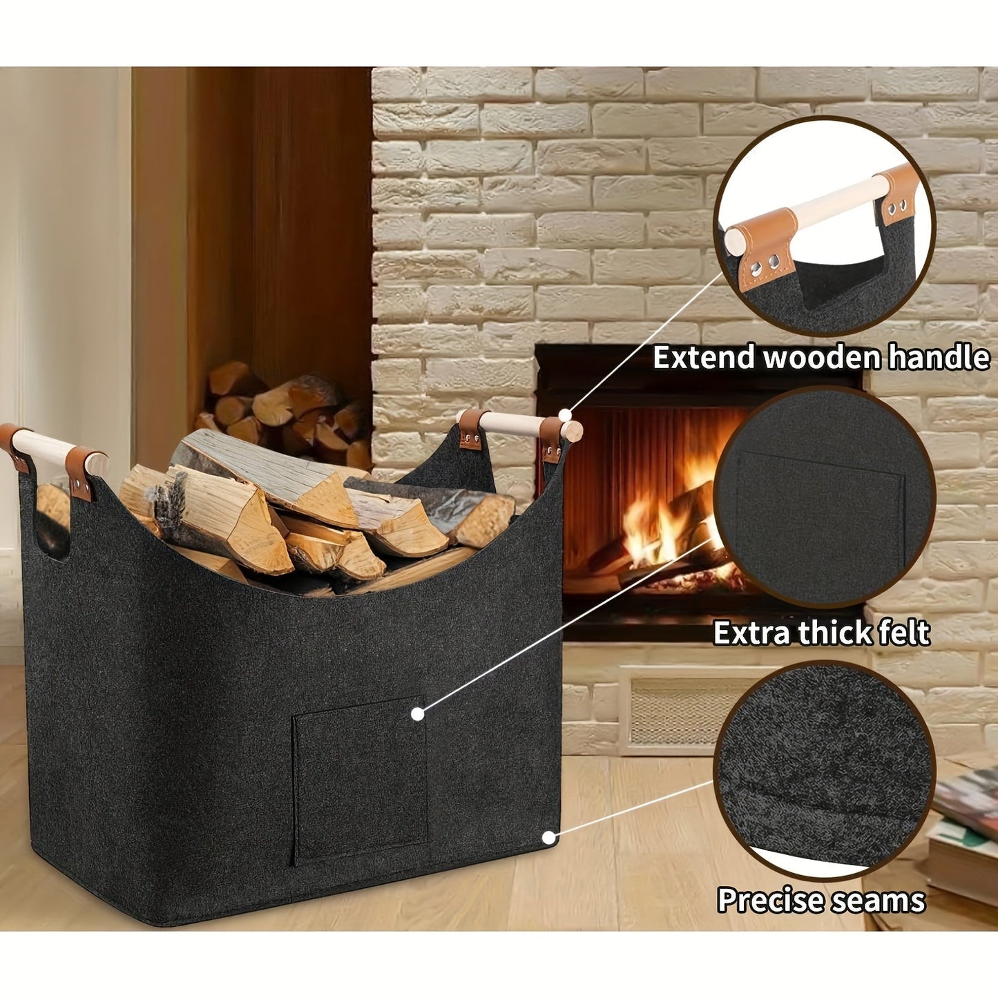Foldable Felt Firewood Carrier | 55L Capacity | Dark Gray with Wood Handles & Leather Accents