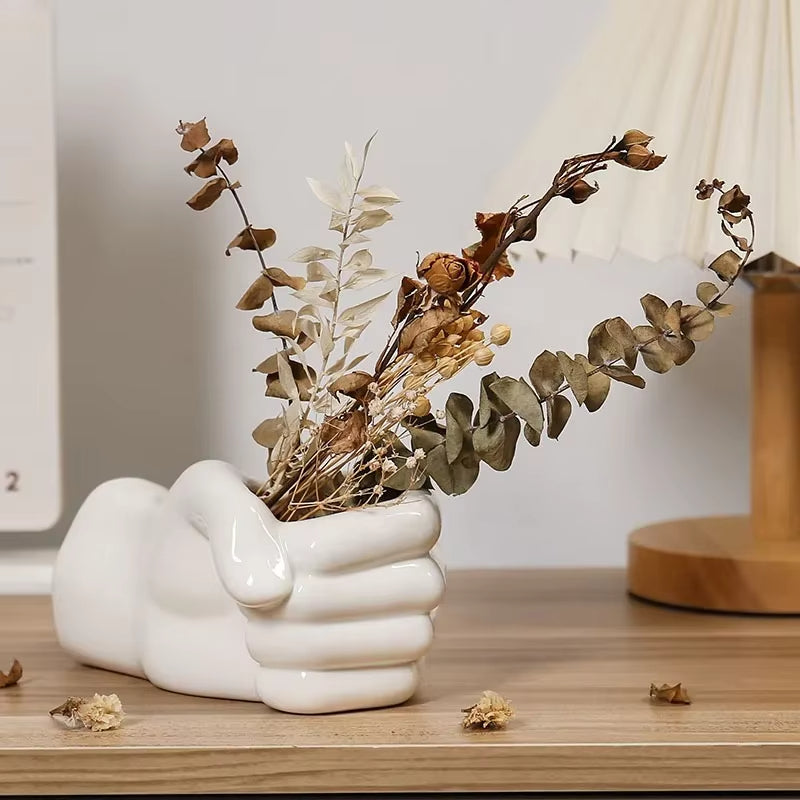Ceramic Flower Vase with Artistic Hand Gesture Design