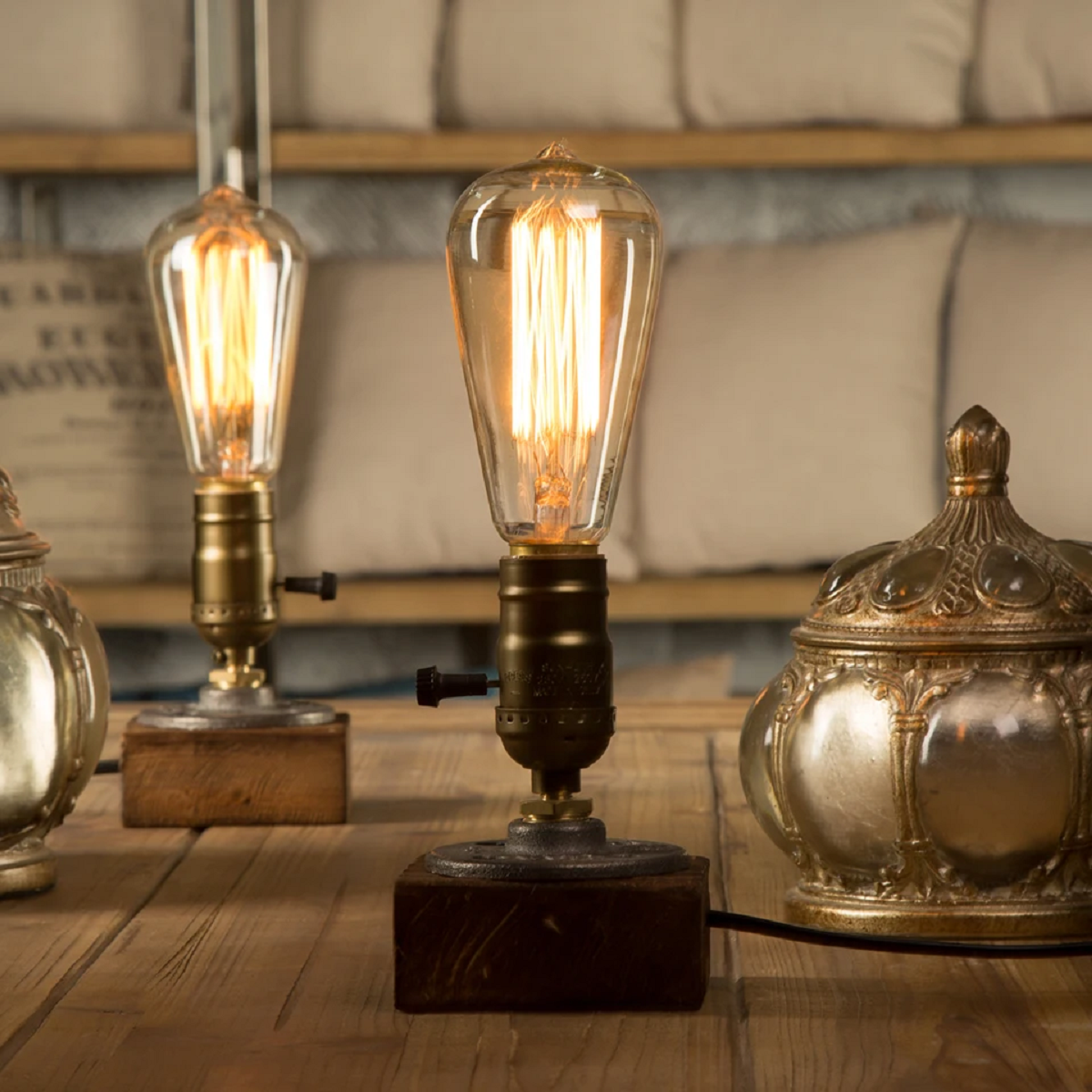 Wooden Desk Lamp with Vintage Steam Punk Piping Design