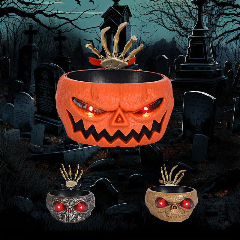 Halloween Motion Sensor Candy Bowl – Pumpkin Design with Skeleton Hand and Red Lights