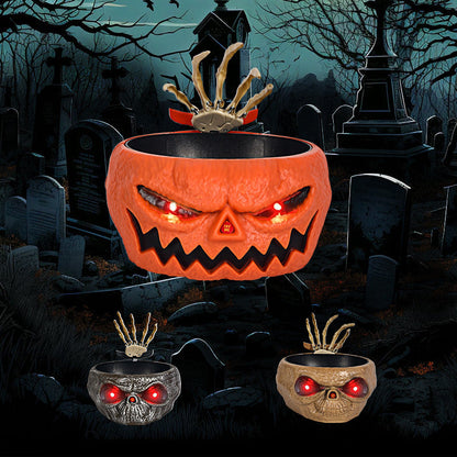 Halloween Motion Sensor Candy Bowl – Pumpkin Design with Skeleton Hand and Red Lights