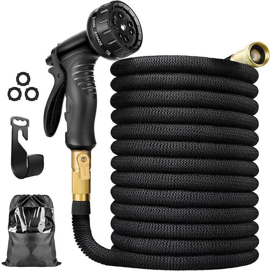 30m Expandable Garden Hose with Brass Connectors, 8-Pattern Spray Gun, Storage Bag, and Wall Mount