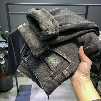 Casual Slim Fit Denim Trousers for Men - Warm Stretchy Vintage Style