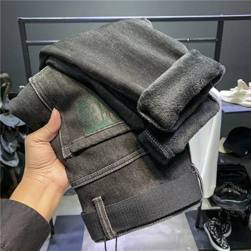Casual Slim Fit Denim Trousers for Men - Warm Stretchy Vintage Style