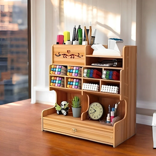 Wooden Desk Organizer with Drawer and Multiple Compartments
