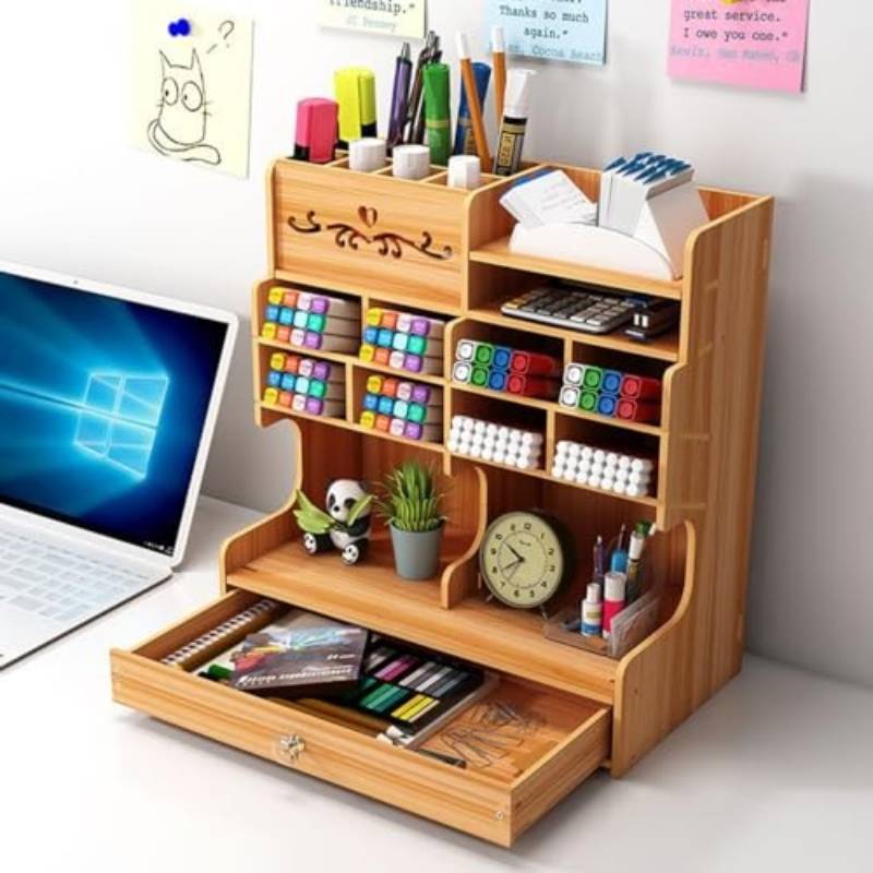 Wooden Desk Organizer with Drawer and Multiple Compartments