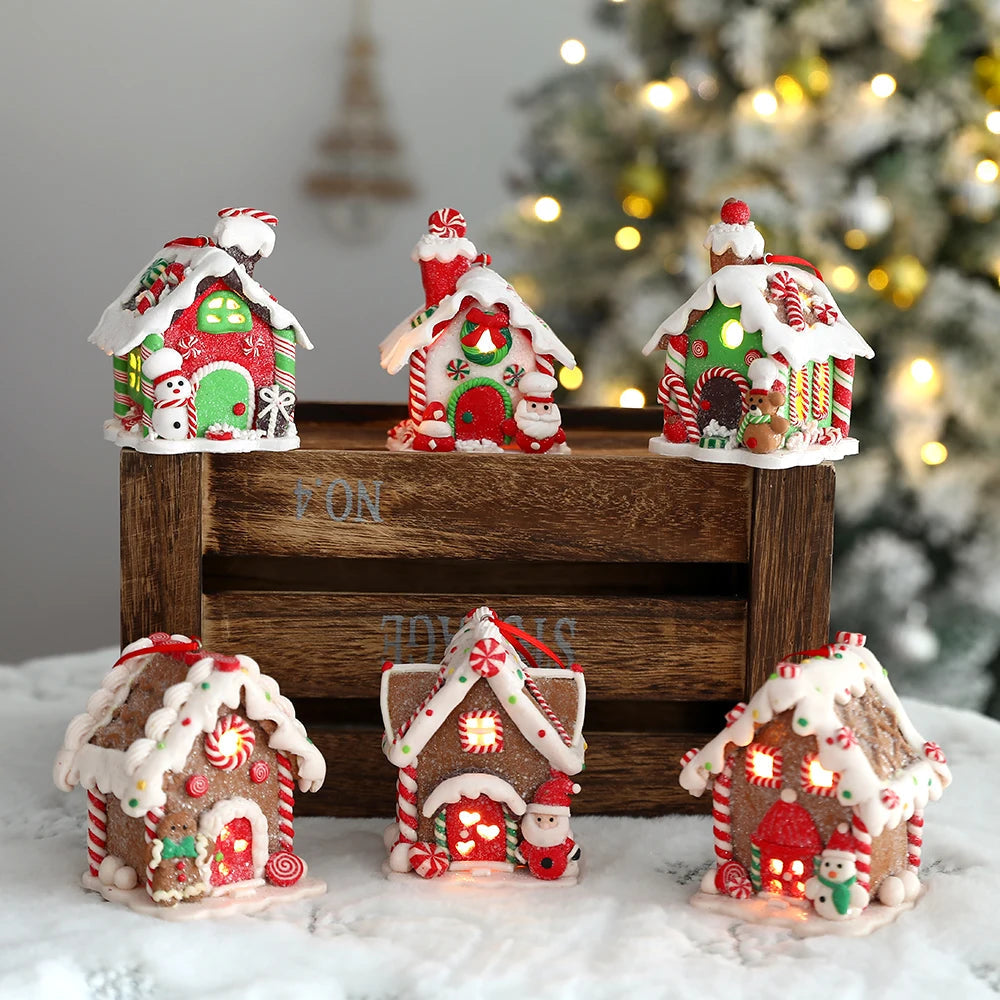 Handmade LED Gingerbread House Ornament – Illuminated Christmas Decor with Santa, Snowman, and Candy Canes