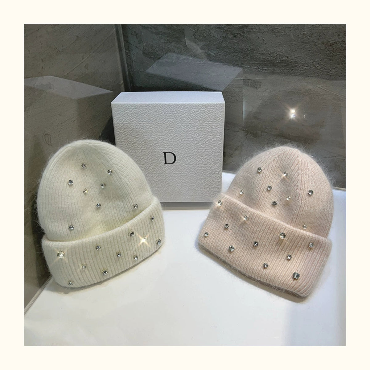Winter Wool Beanie Hat with Sparkling Rhinestones