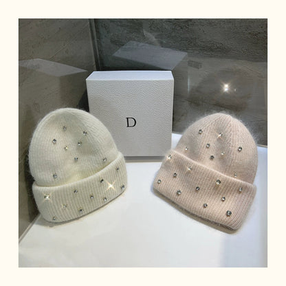Winter Wool Beanie Hat with Sparkling Rhinestones