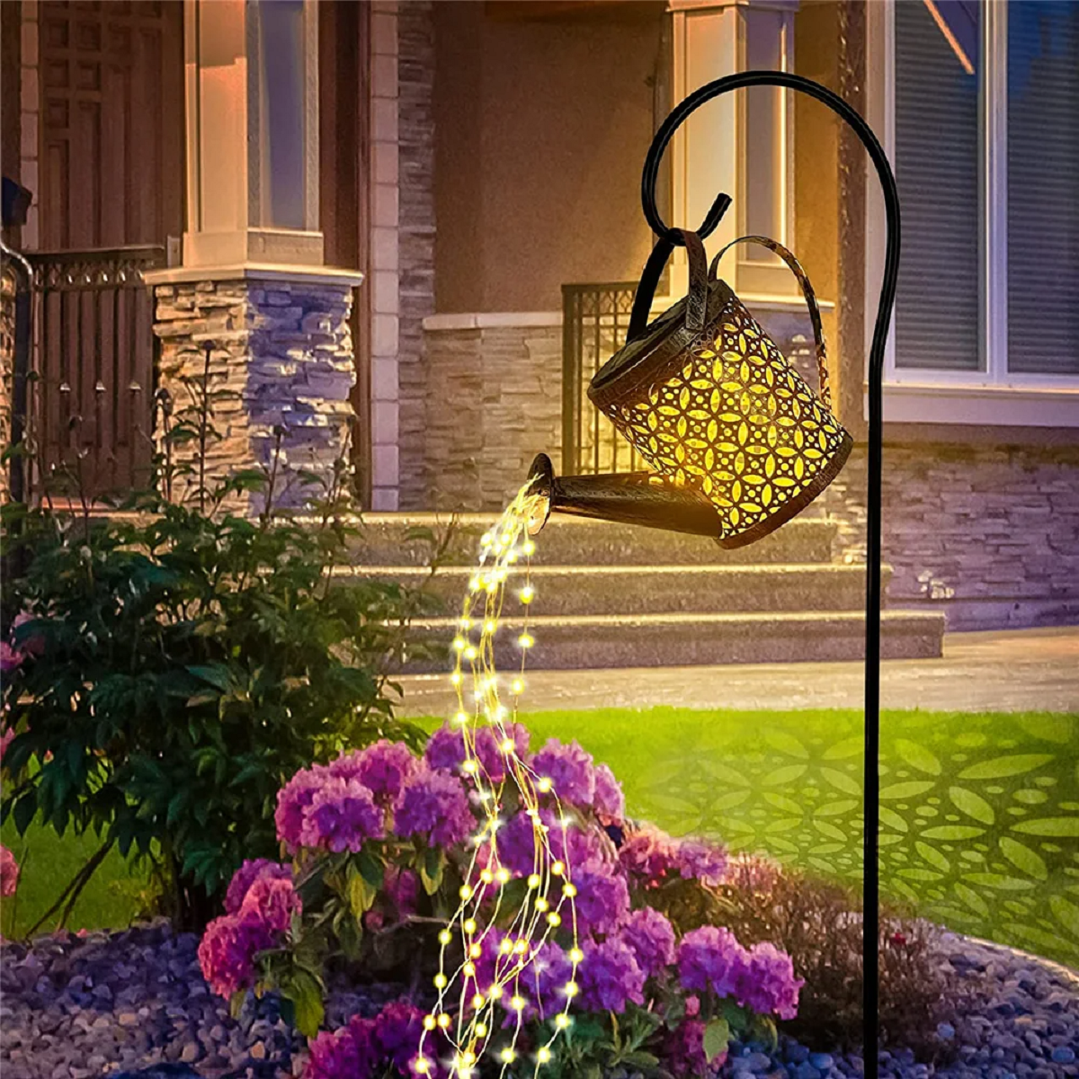 Hanging Waterfall Lamp with Solar-Powered Watering Can Design