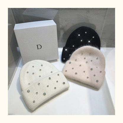Winter Wool Beanie Hat with Sparkling Rhinestones