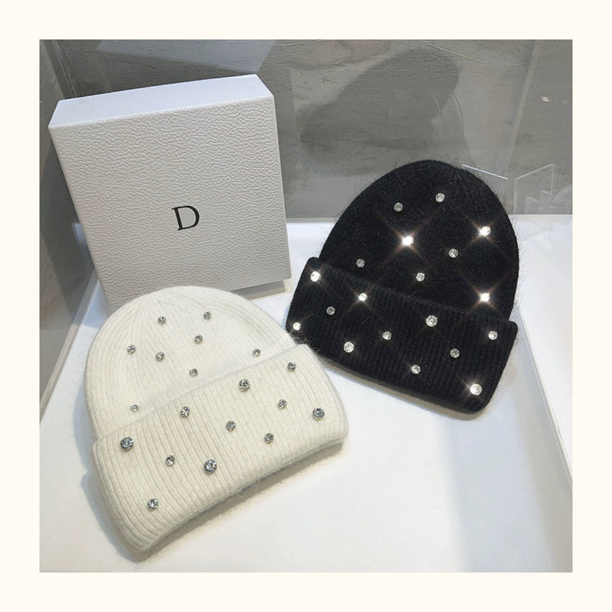 Winter Wool Beanie Hat with Sparkling Rhinestones