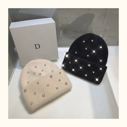 Winter Wool Beanie Hat with Sparkling Rhinestones
