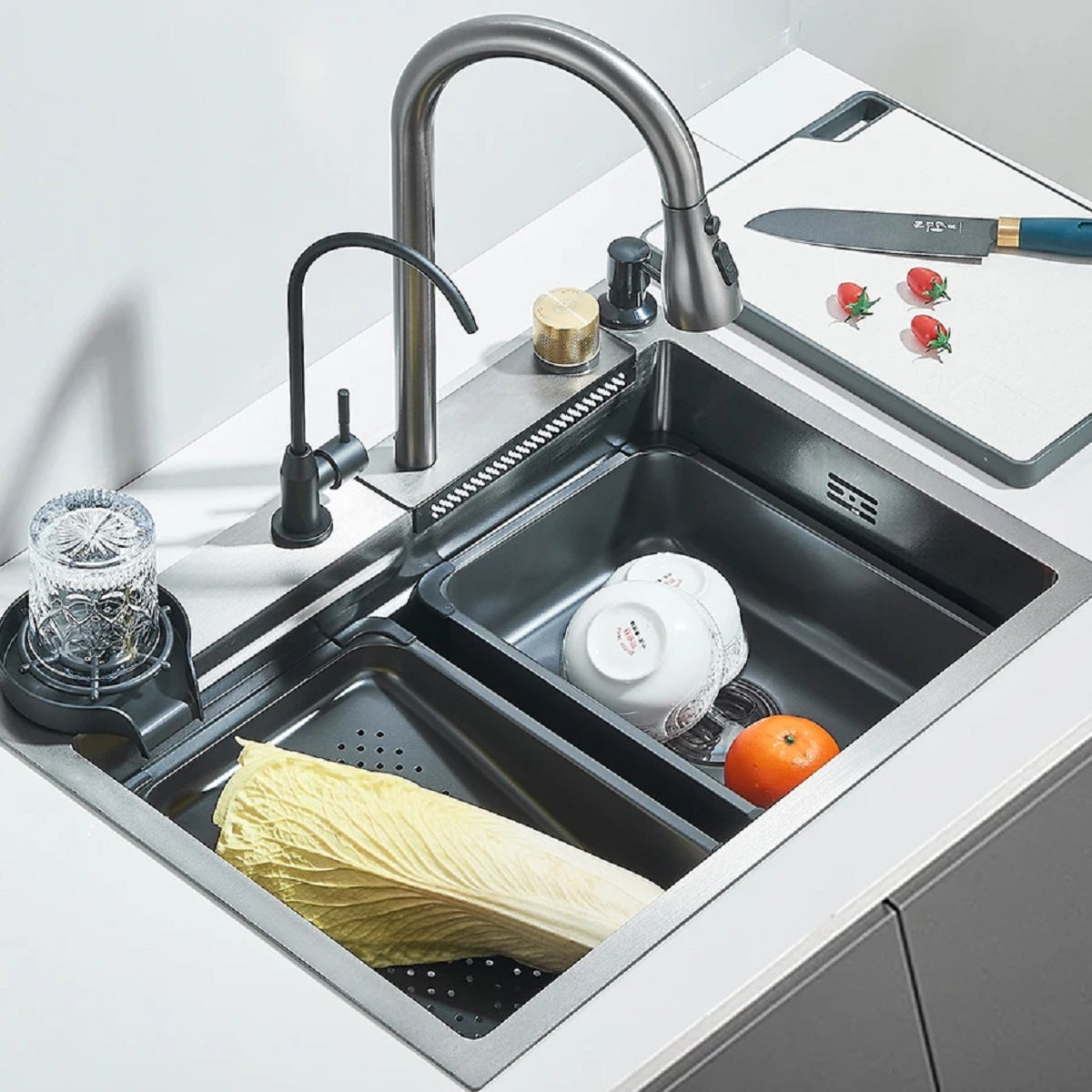 Single Bowl Stainless Steel Kitchen Sink with Built-in Faucet and Soap Dispenser