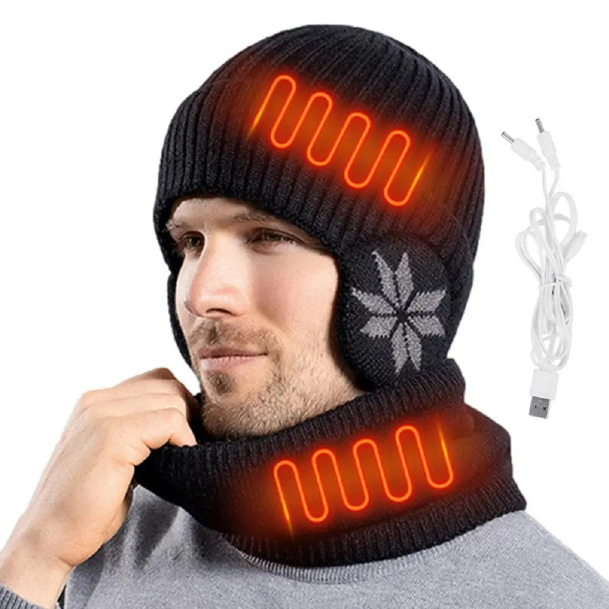 Dual Function Heated Knit Beanie and Neck Warmer