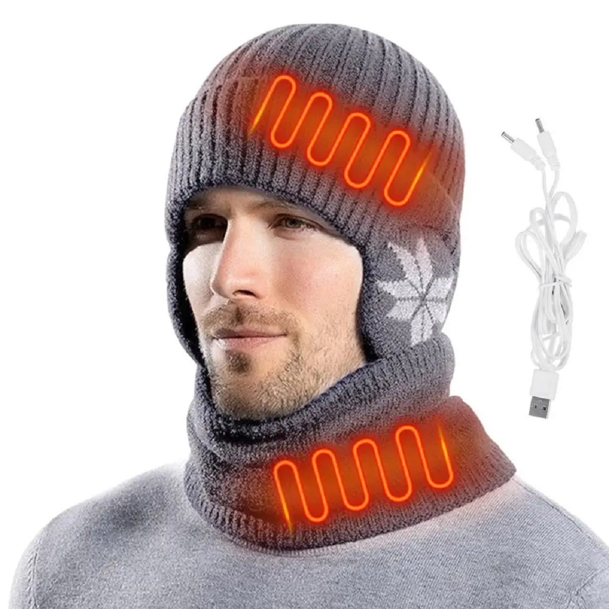 Dual Function Heated Knit Beanie and Neck Warmer